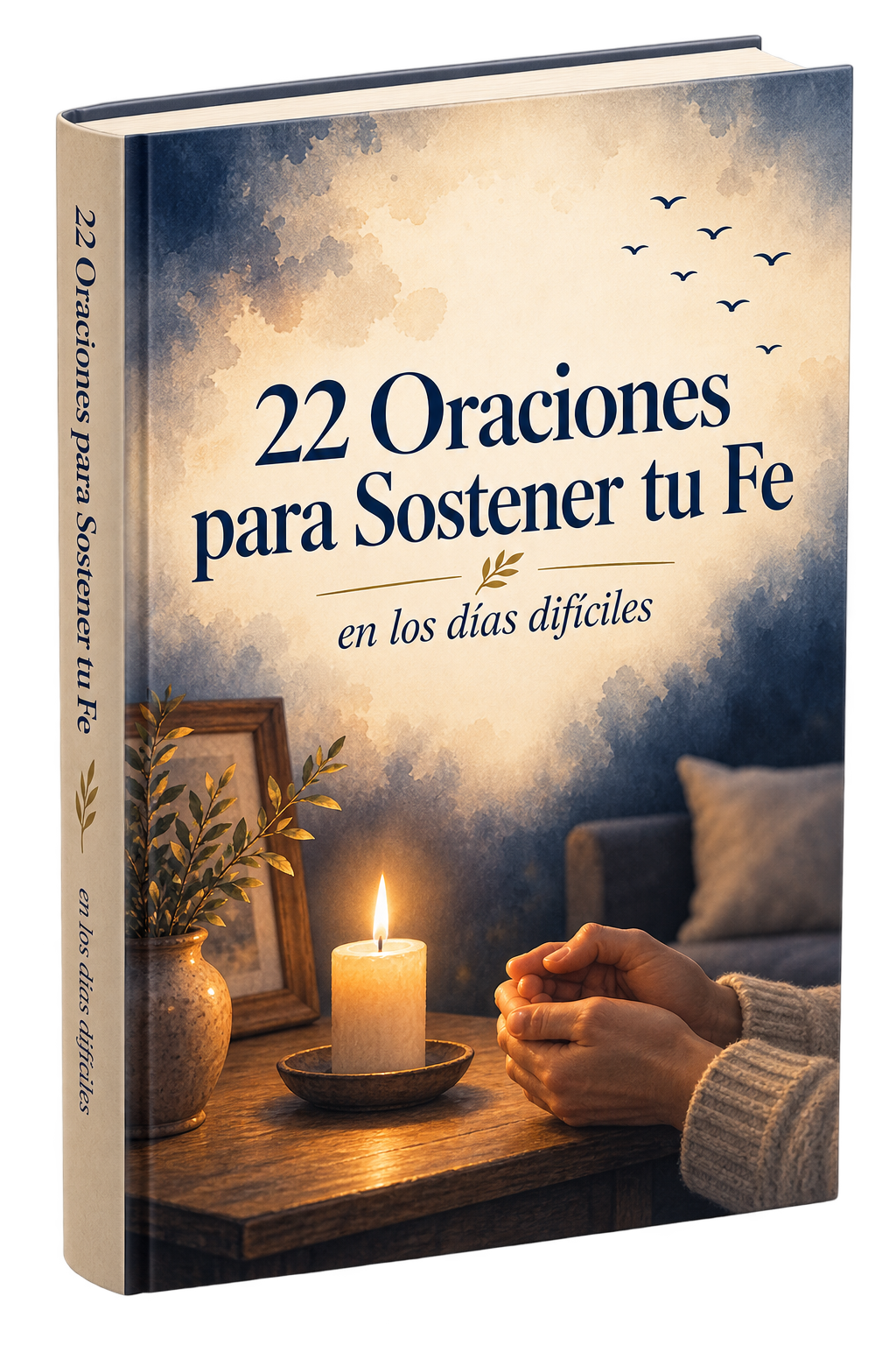 Portada de 22 Oraciones para Sostener tu Fe en los Días Difíciles: acuarela de unas manos entrelazadas junto a una vela encendida