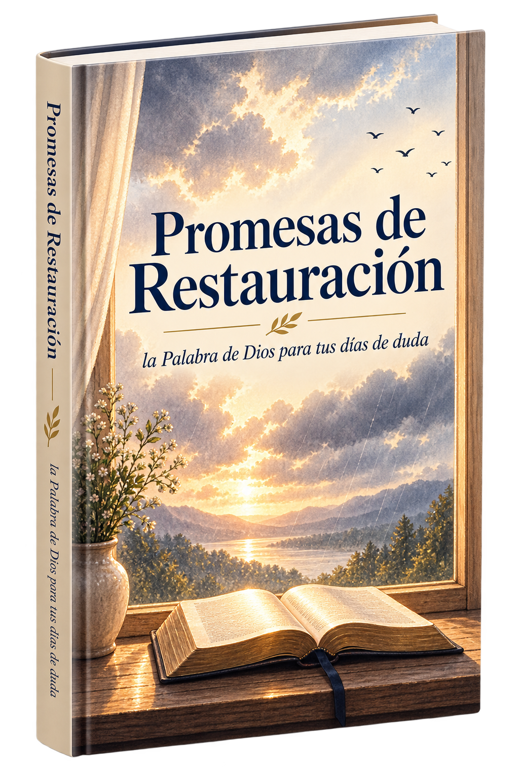 Portada de Promesas de Restauración: acuarela de una Biblia abierta sobre una mesa junto a una ventana al amanecer